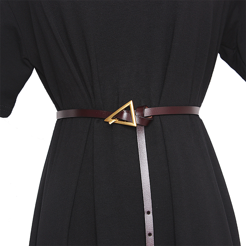Elegant ladies PU leather belt with gold metal triangle buckle, perfect for adding style to any outfit.