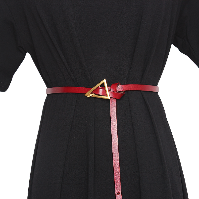 Stylish red PU leather belt with a geometric metal triangle buckle, perfect for elevating any outfit.