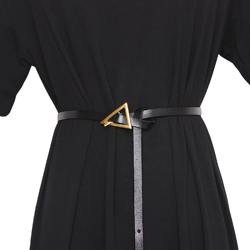 Elegant black PU leather belt with a gold metal triangle buckle, perfect accessory for trendy outfits.