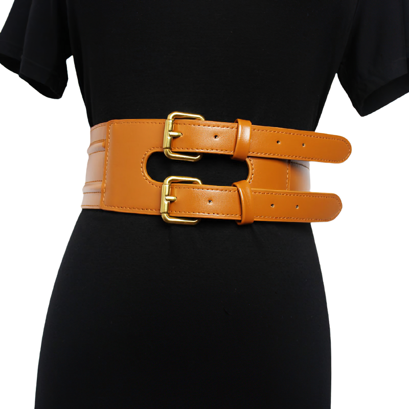 Trendy ladies wide PU leather corset belt in brown with double-breasted metal buckles, perfect for enhancing outfits.