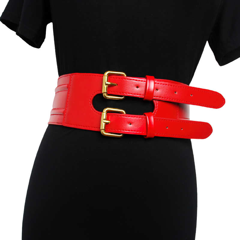 Red PU leather corset belt with double buckles, adding a trendy touch to any outfit.