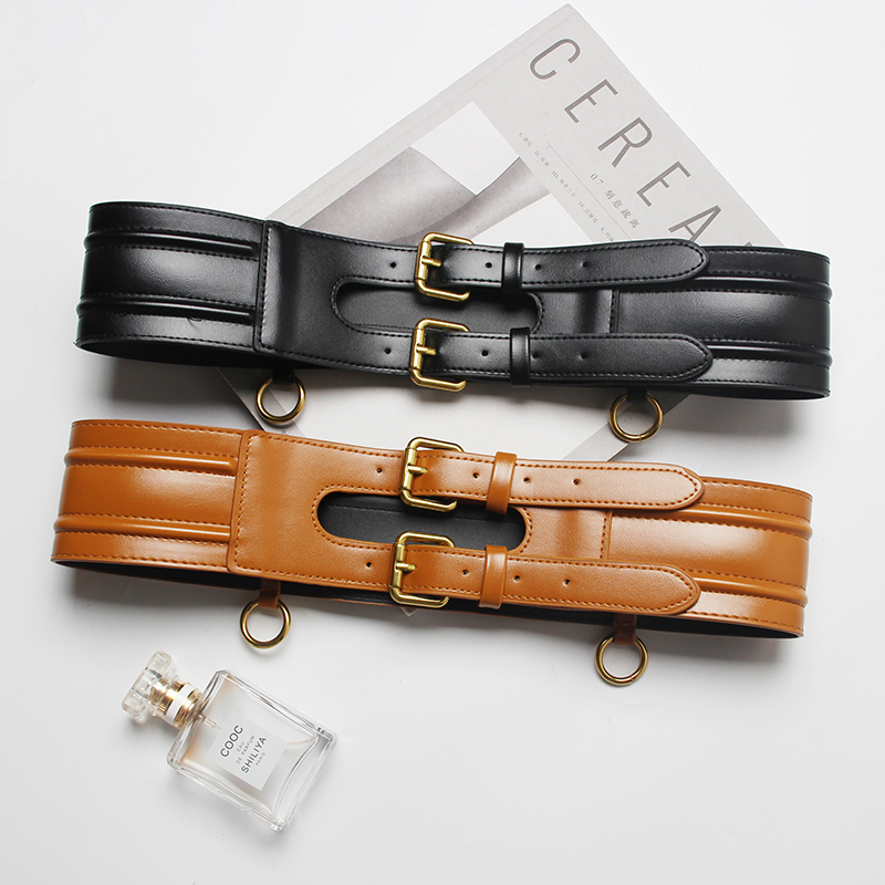 Trendy wide PU leather corset belts in black and brown with double-breasted metal buckles and stylish design.