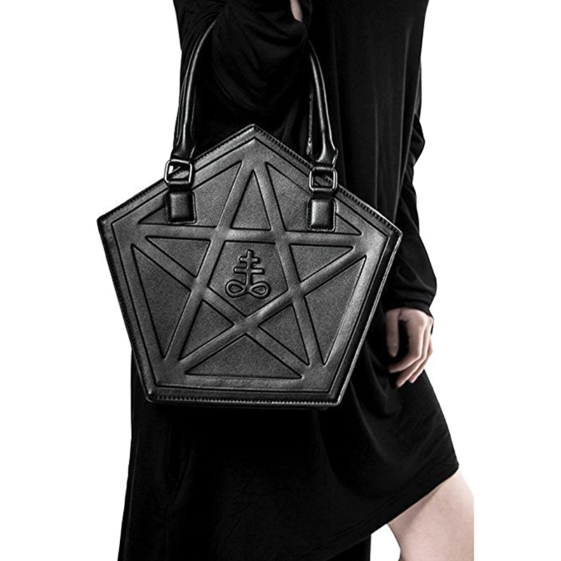 Gothic style large capacity shoulder bag with pentagram design and chain handle, perfect for edgy outfits.