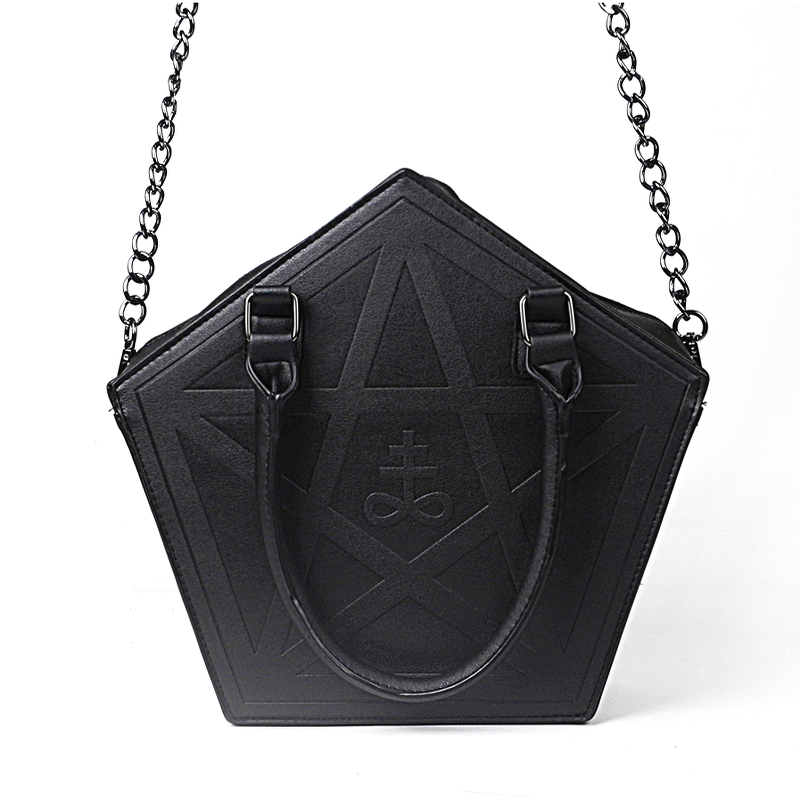 Gothic style large capacity shoulder bag with pentagram design and chain handle, perfect for fashion-forward women.