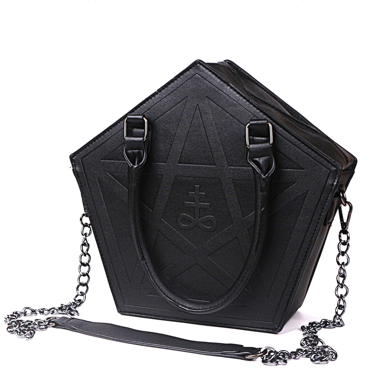 Gothic style large capacity shoulder bag with pentagram design and chain handle.