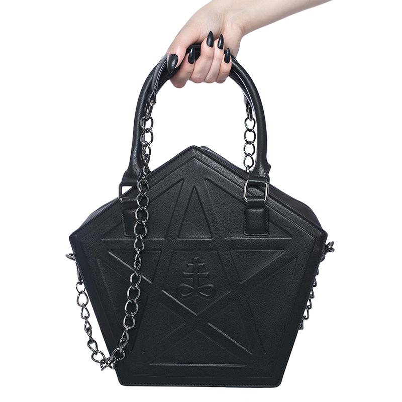 Gothic style large capacity shoulder bag with pentagram design and chain handle, perfect for stylish outfits.