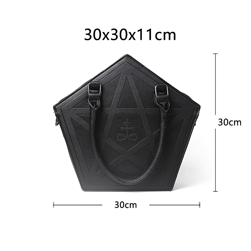 Gothic style large capacity shoulder bag with pentagram design and chain handle, dimensions 30x30x11cm.