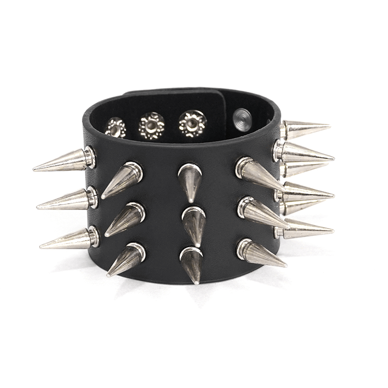 Stylish black PU leather bracelet with silver spikes, ideal punk accessory for men and women.