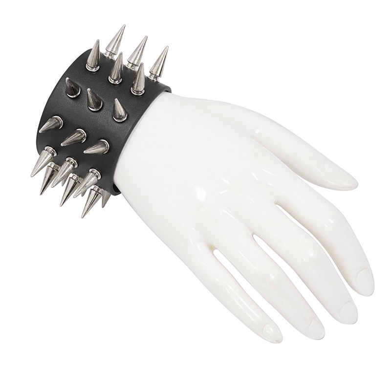 Unisex black PU leather bracelet with silver spikes displayed on a mannequin hand, perfect for punk fashion.