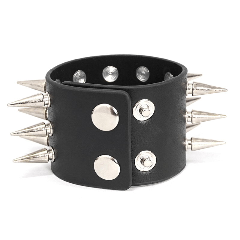 Unisex black PU leather bracelet with silver spikes, perfect punk accessory for men and women.