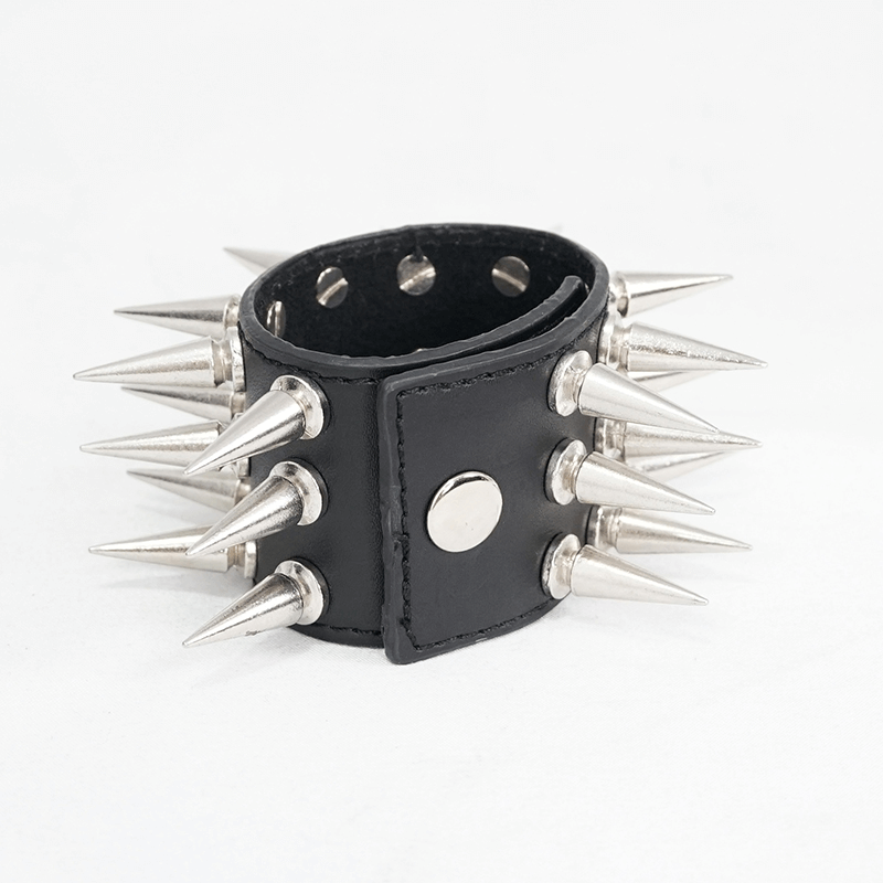 Unisex black PU leather bracelet with silver spikes, a stylish punk accessory for men and women.