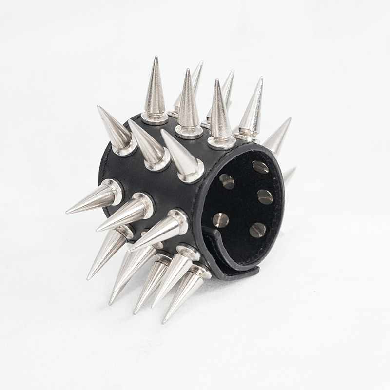 Punk-style unisex black PU leather bracelet with silver spikes, perfect for adding edge to any outfit.