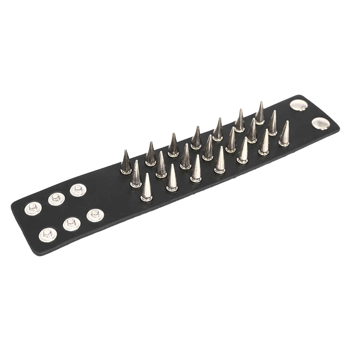 Black PU leather bracelet with silver spikes, a stylish punk accessory for men and women.
