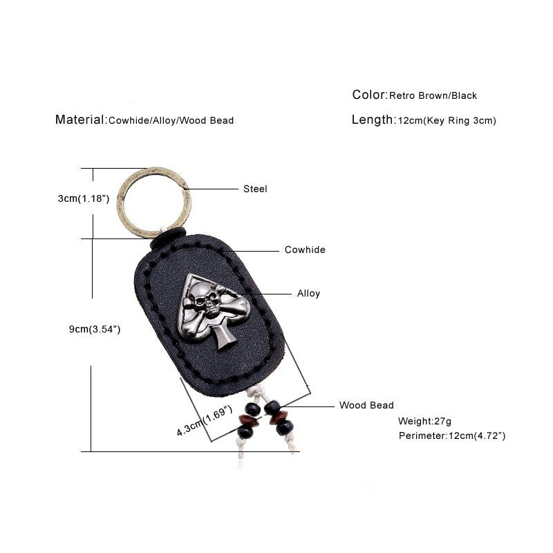 Gothic leather skull keychain with metal ring and wood bead accents, perfect for bag accessories or car keys.