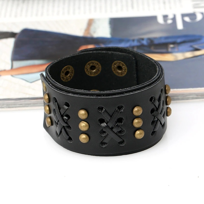 Fashion Leather Wide Bracelet with Decoration / Women and Men Bracelets in Rock Punk Style - HARD'N'HEAVY