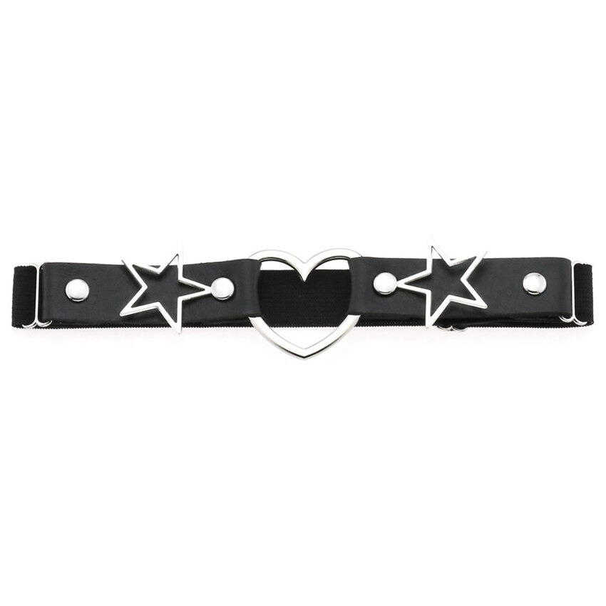 Black PU leather garter belt with heart and star metal accents, perfect for gothic fashion and thigh accessories.