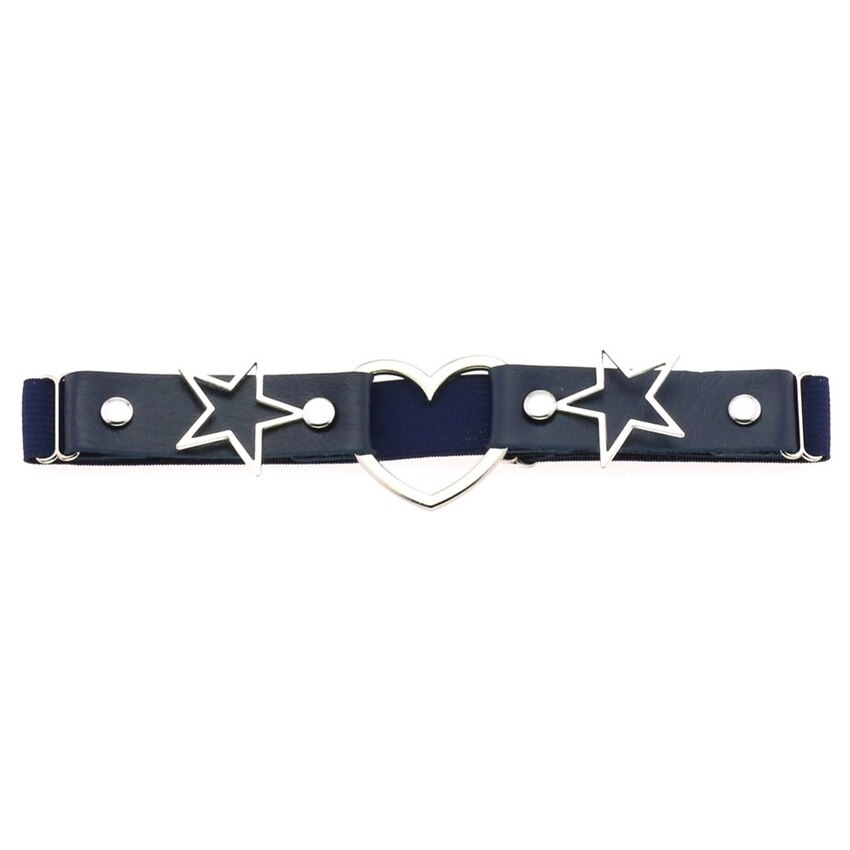Navy PU leather garter belt featuring star and heart metal inserts, perfect for a gothic rock style look.