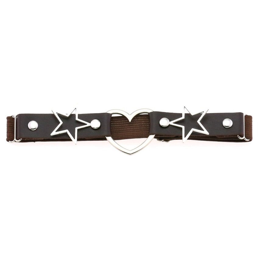 Fashionable women's garter belt with heart and star metal accents in premium PU leather, perfect for a gothic rock style.