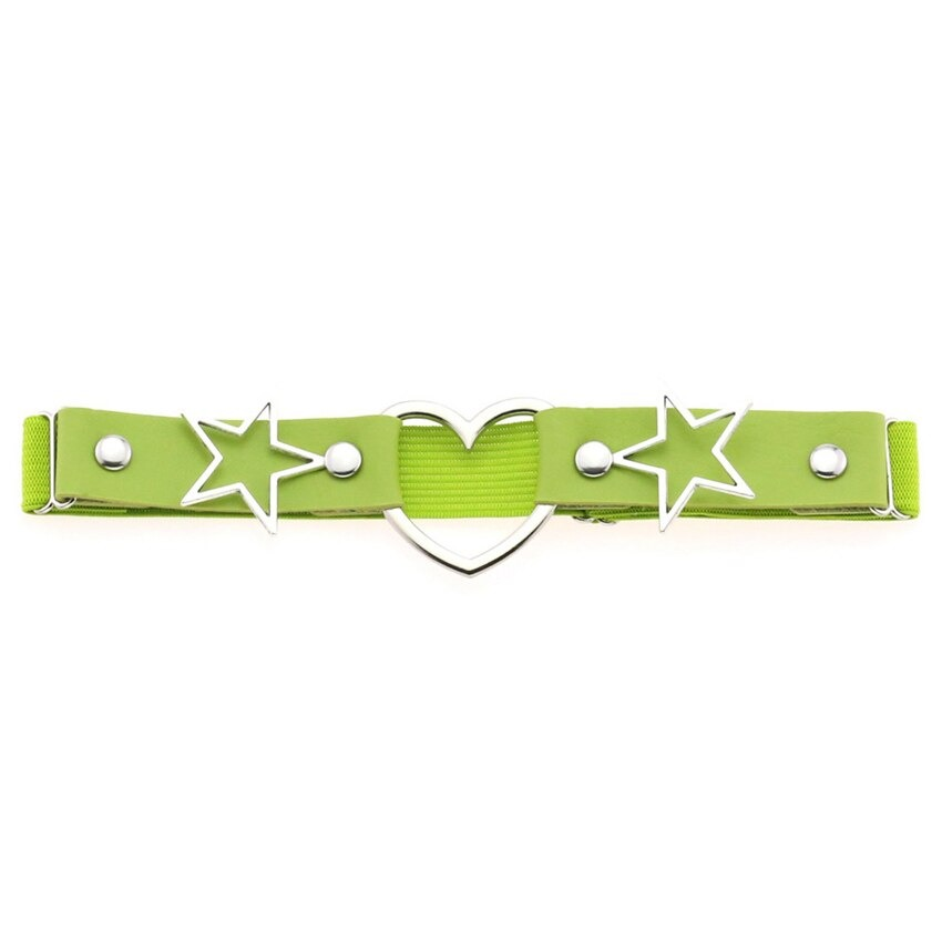 Green PU leather garter belt with star and heart metal accents, perfect for a gothic fashion look.