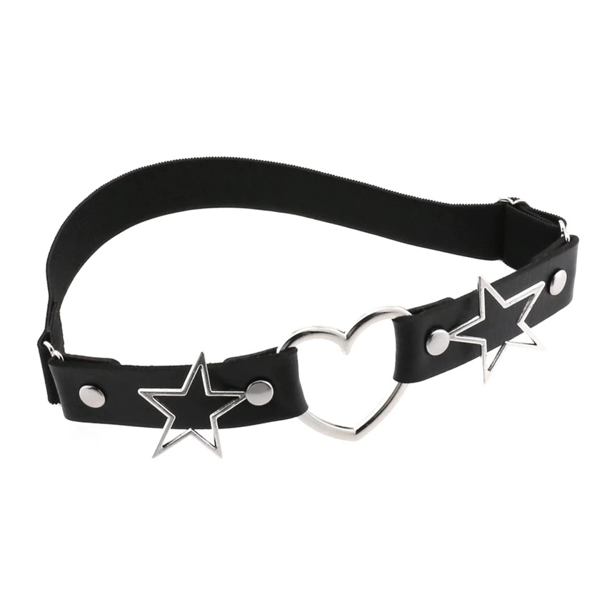 Black PU leather garter belt with star and heart metal decorations, perfect for gothic and rock styles.