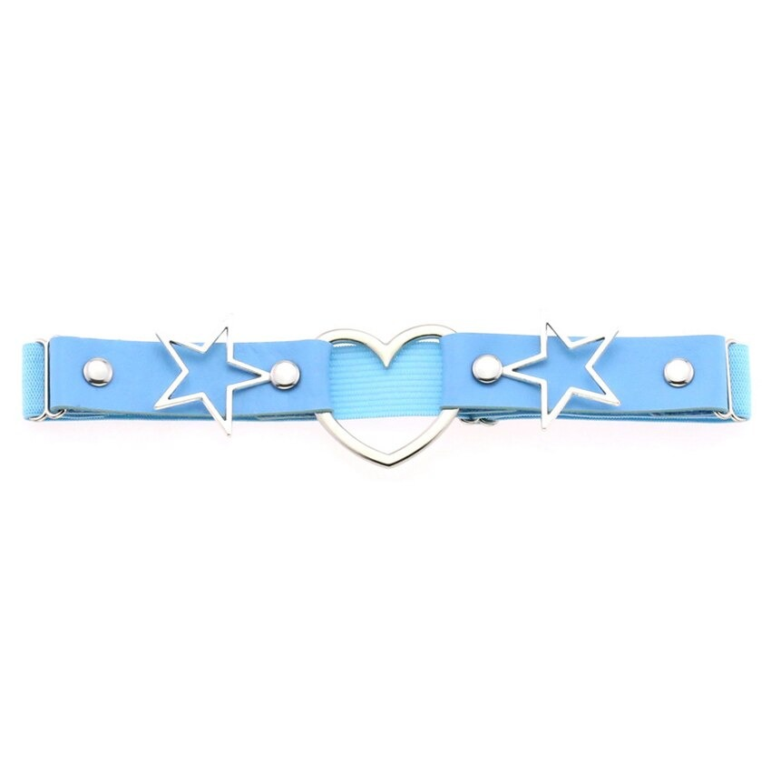 Fashion leg strap belt in blue with star and heart metal inserts, perfect gothic accessory for women.