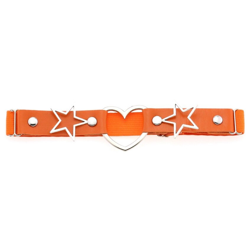 Orange women's garter belt featuring star and heart metal inserts, a stylish gothic accessory for rock fashion.