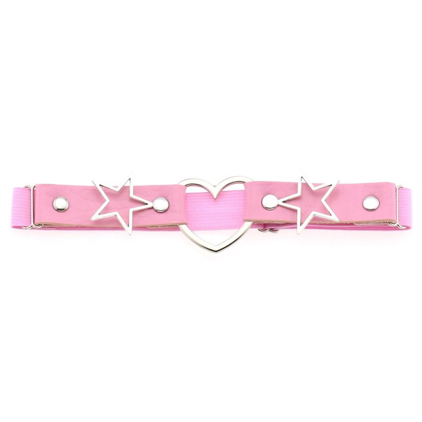 Pink fashion leg strap belt with star and heart metal inserts, stylish gothic accessory for women.