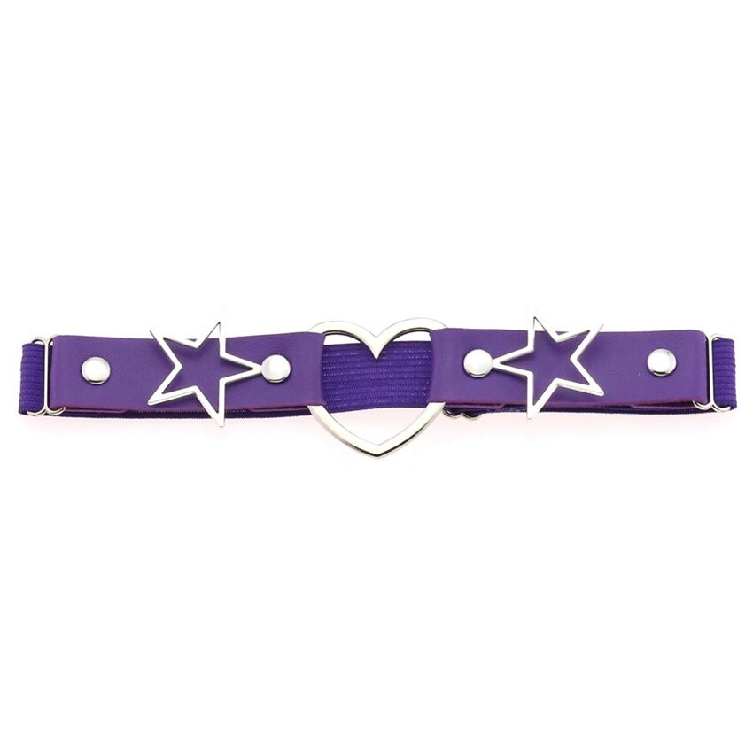 Purple PU leather garter belt with star and heart metal details, perfect for gothic style fashion and edgy accessories.