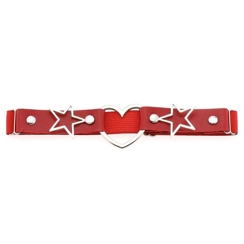 Red PU leather garter belt with star and heart metal accents, perfect for gothic rock style fashion.