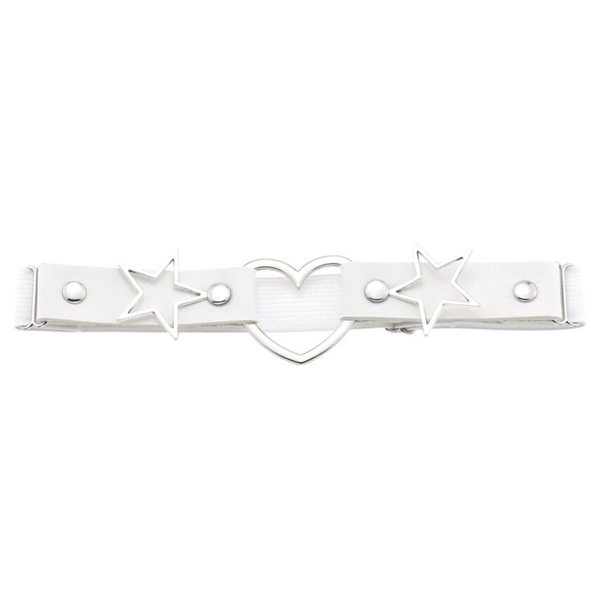 White PU leather garter belt with star and heart metal accents, perfect for a gothic rock style outfit.