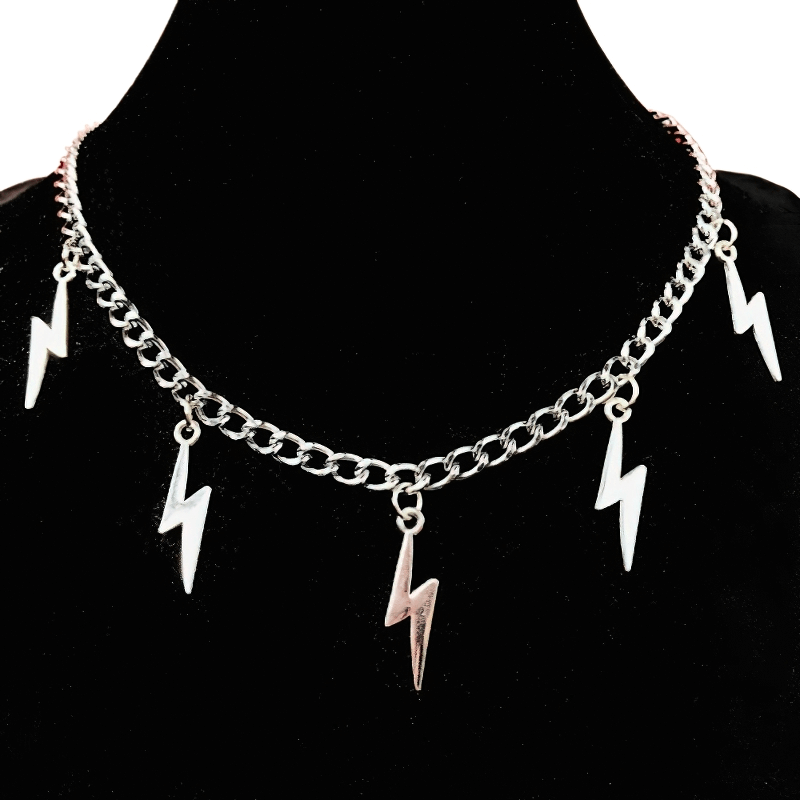 Unisex silver lightning shape pendant necklace on a black display, perfect for punk style fashion accessories.