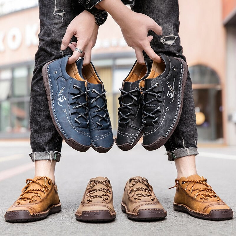 Men's casual loafers in black, blue, and brown, showcasing stylish, breathable leather shoes for any season.