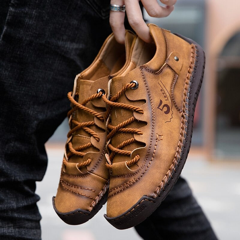 Men's casual loafers in tan with lace-up design, made from genuine leather, perfect for spring and summer wear.