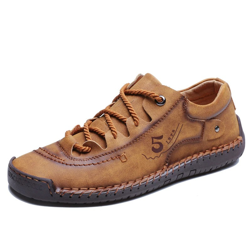 Brown leather casual shoes for men with lace-up design and breathable fit, perfect for spring and summer.
