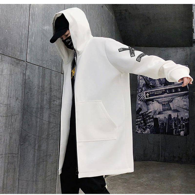 Men's casual long coat with hood in stylish white, featuring creative inserts for fashion-forward looks.