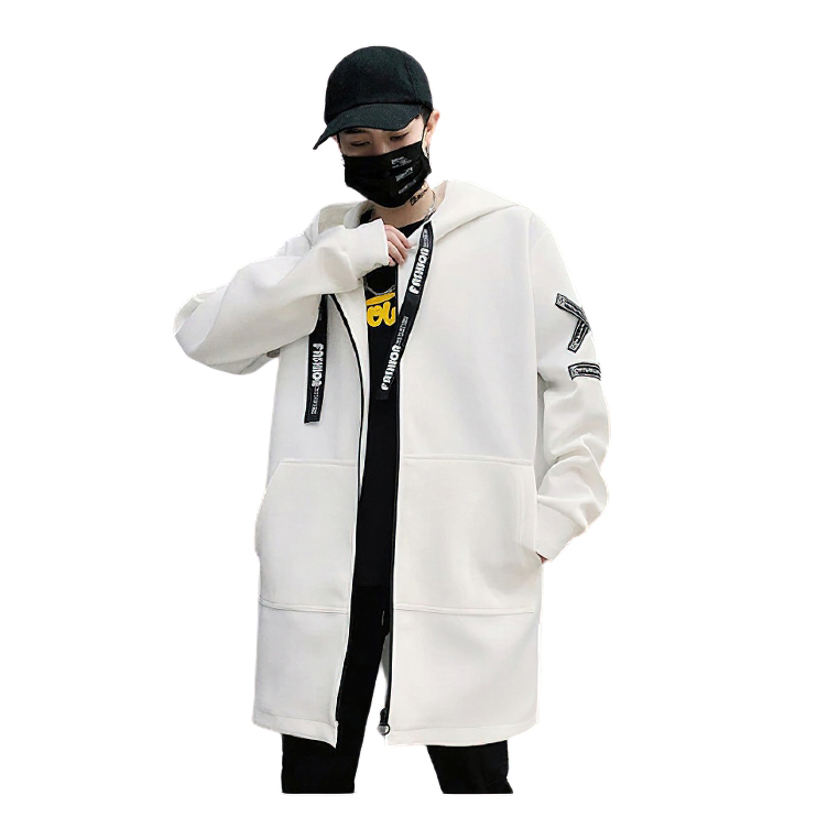 Casual men's long coat in white, featuring hood and creative zipper detailing, perfect for stylish everyday wear.