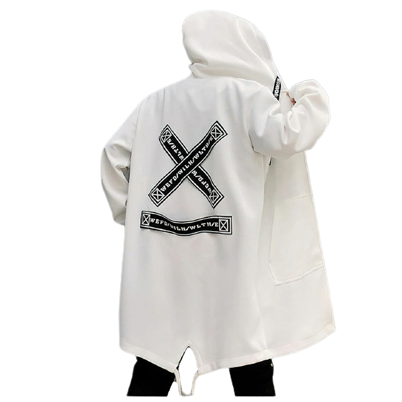 Mens casual white coat with hood and unique graphic design on back for a stylish everyday look.