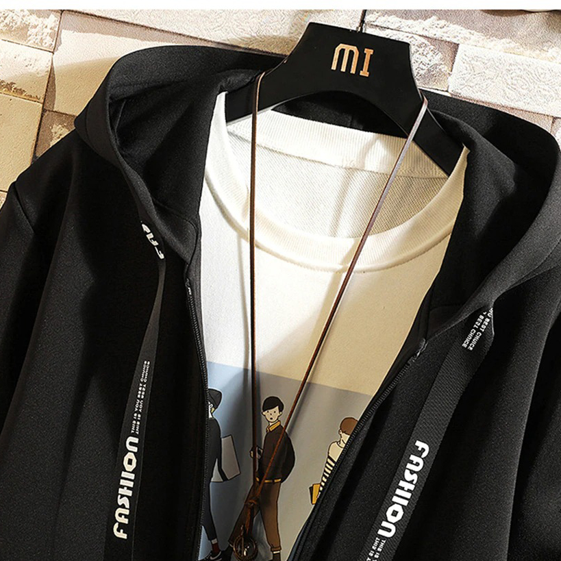 Stylish men's black coat with hood, featuring a casual loose fit, layered over a graphic tee, perfect for everyday fashion.