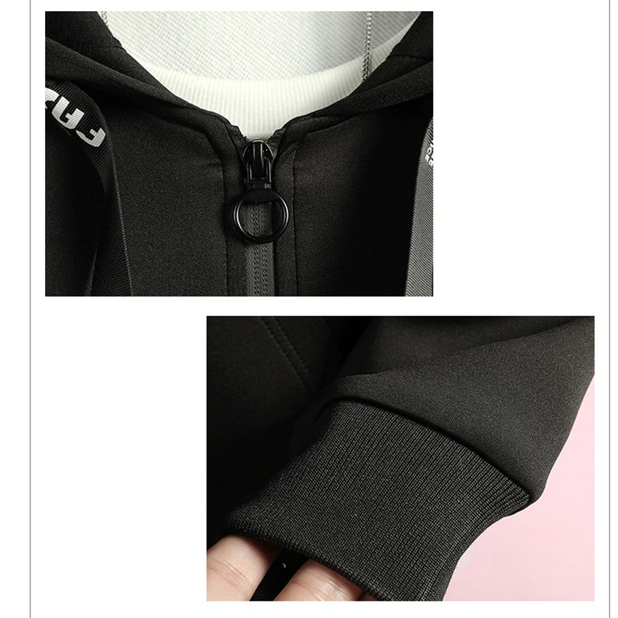 Close-up of men's casual long coat features, highlighting zipper detail and cuff design.