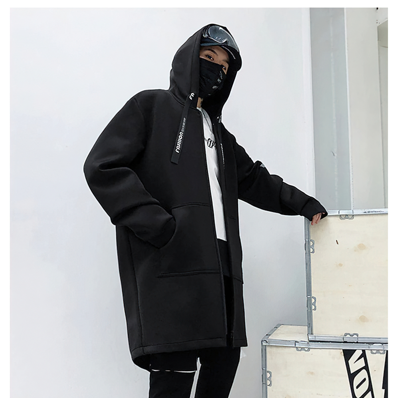 Men's casual long coat with hood, featuring a loose fit and stylish design for everyday comfort.