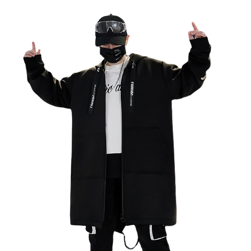 Trendy men's long coat in black, featuring a loose fit and hood, perfect for casual streetwear style.