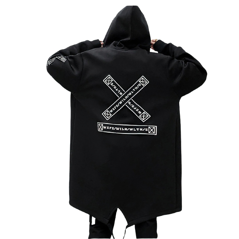 Men's black oversized coat with hood and unique graphic prints on the back, perfect for casual streetwear style.