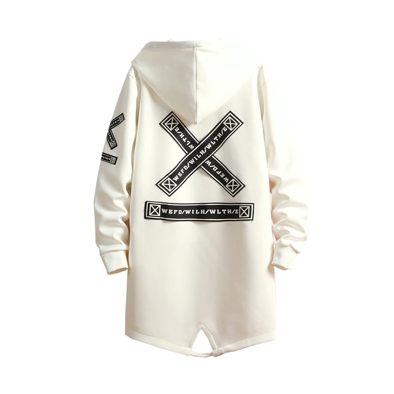 Men's casual long coat in cream with unique printed design and hood for stylish everyday wear.