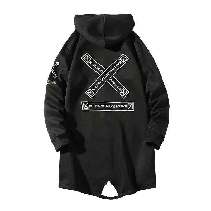Men's long black coat with hood and unique printed design on the back for casual everyday fashion.