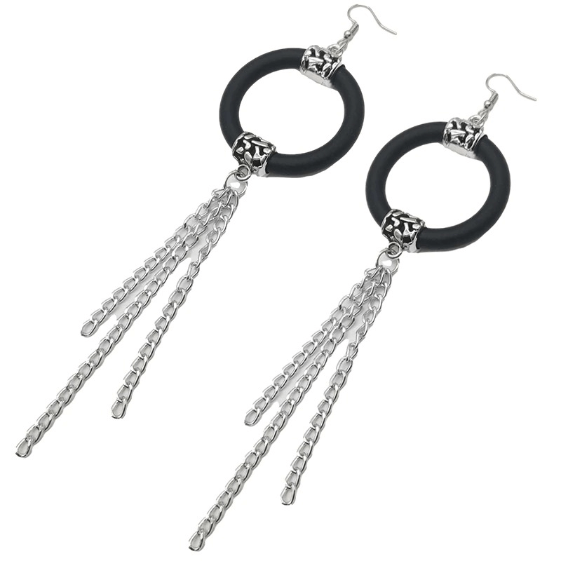 Handmade long drop earrings for women with black rubber hoops and silver chains, perfect boho accessories.