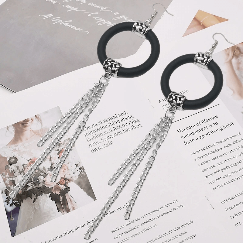 Handmade long drop earrings for women, featuring rubber hoops and silver chains, perfect for boho fashion.
