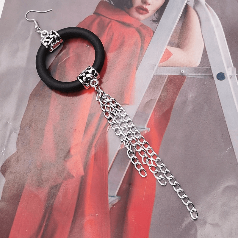 Handmade rubber long drop earrings for women, featuring a stylish boho design with silver chain details.
