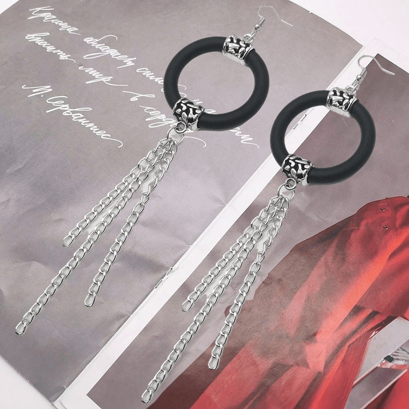 Stylish handmade long drop earrings for women, rubber and chain design, perfect boho accessories.