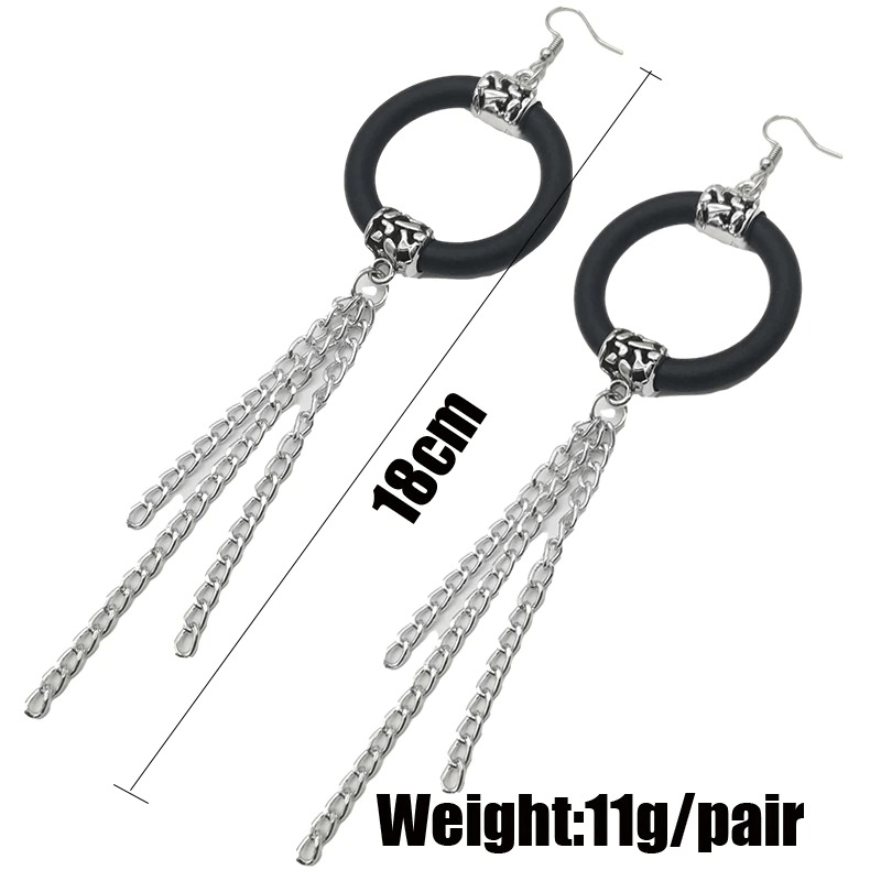Handmade boho long drop earrings featuring rubber hoops and silver chains, perfect for stylish women's accessories.