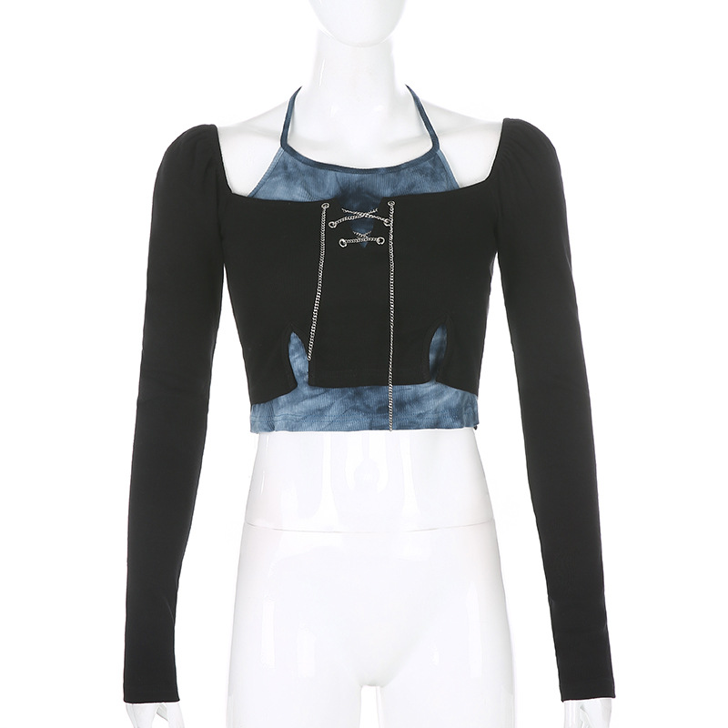 Women's black crop top with long sleeves and blue patchwork, featuring stylish silver chains for a gothic look.